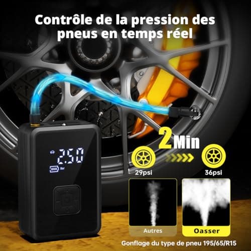 Oasser Gonfleur Pneus Voiture sans Fil Mini Compresseur à Air Portatif 150 PSI (10,3 Bar) Inflation Rapide Cylindre 17 mm Type-C USB Charge avec Tuyau de 30 cm et Sac de Rangement