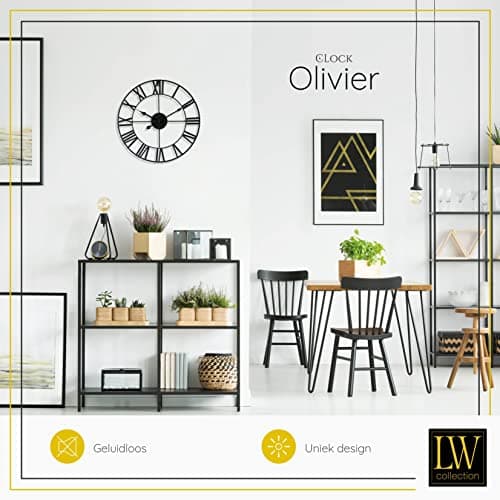LW Collection Horloge Murale Olivier Noir 40 cm - Grande Horloge Murale avec Chiffres Romains - Horloge Murale Industrielle Silencieuse Moderne - Horloge Silencieuse