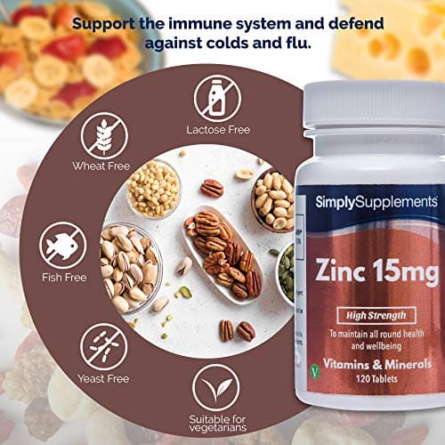 Zinc 15mg - 120 Comprimés - Adapté aux Végétariens – Jusqu’à 4 mois de Bienfaits - SimplySupplements