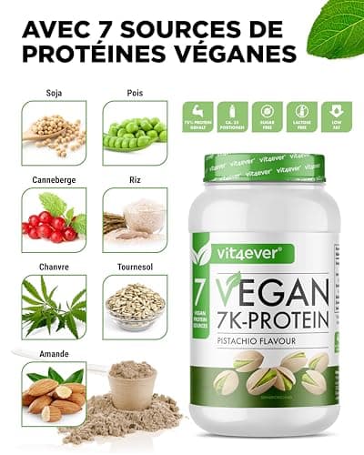 Vegan 7K Protein - 1kg - Pistache - Poudre de protéine purement végétale avec des protéines de riz, d'amande, de soja, de pois, de chanvre, de cranberry et de tournesol.