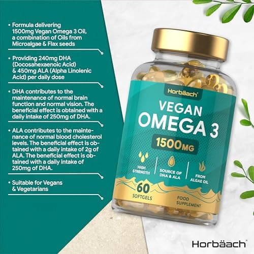 Omega 3 Vegan 1500 mg | Dérivé Huile d'Algues | Source de DHA et d'ALA | 60 Gélules Végétaliennes | de Horbaach