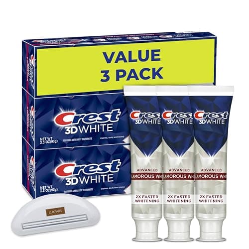 CRST 3D White Advanced Glamorous White Teeth Whitening Toothpaste, 3.3 oz, Pack of 3 bundled with LUXPAKS Squeezer