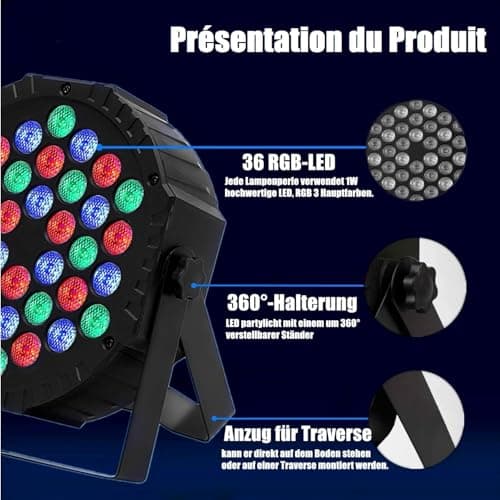 ZHENNBY Lumière de Scène Par LED 36 Lampe RGB Lumiere DJ Fête Eclairage de Scène DMX avec Télécommande Éclairage de Scène pour Disco Soiree Mariage Lumière Noël Halloween Bar - 4 pack