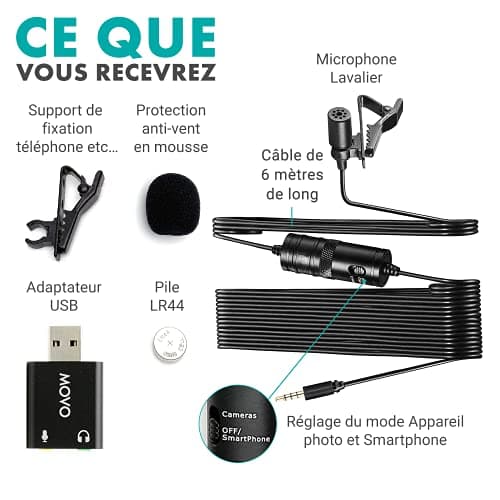 Microphone Universel Lavalier USB Movo pour Ordinateur avec Adaptateur USB Compatible avec Les PC et Les Mac, Smartphones, appareils Photo, podcasting, Microphone Portable (Cable de 6 mètres)