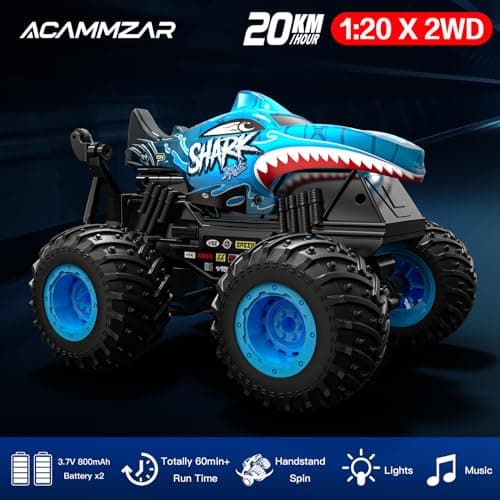 ACAMMZAR Voiture Télécommandée, 2.4GHz 20Km/h RC Monster Truck, RC Voiture Telecommandé Tout Terrain, avec 2 Batteries 60 Min+, RC Car avec LED Musique 360°Rotation, pour Enfants Adultes, Bleu