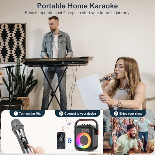 JYX Machine de karaoké avec 2 Microphones sans Fil, Enceinte Karaoke Complet avec Lumières de fête, Portable Système Karaoké Support TWS/AUX/FM/USB/TF Carte