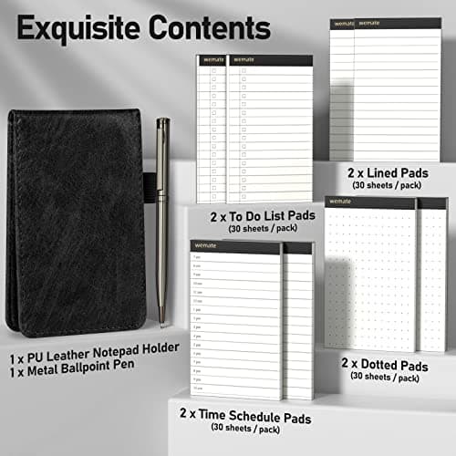 WEMATE Cuir PU Carnet de Poche,Bloc Note,10 Mini Bloc Notes de Poche avec recharges et stylo à bille en métal pour,Petit Carnet de Notes de Poche,pour bureau, école Noir