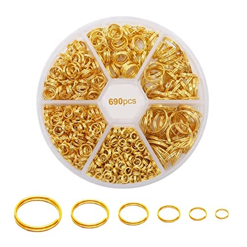 Lot de 690 anneaux ouverts doubles ronds dorés avec petite boîte de rangement, 4, 5, 6, 8, 10, 12 mm, anneaux ouverts à double boucle pour la fabrication de bijoux, petit porte-clés pendentif outil de