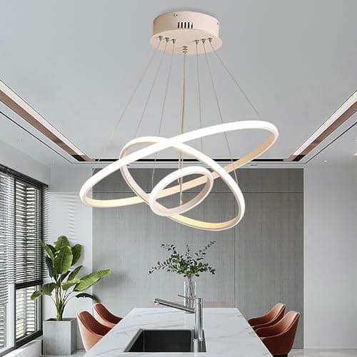 LED Suspension Luminaire 76W Lampe Suspendue à Dimmable, Lustre Chambre Réglable en Hauteur, Moderne Plafonnier LED Suspension pour Salle à Manger Salon Cuisine, 3Ring Φ20+40+60cm (Blanc)