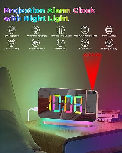 SZELAM Réveil à projection, 18,8 cm avec miroir LED, horloge numérique à projection sur mur de plafond, avec veilleuse RVB, port de charge USB C, gradation automatique, horloge de bureau moderne pour