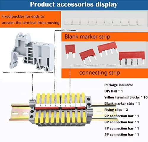 Bornier de Rail DIN, CTRICALVER Kit de Bornier, 10 pcs 1 en 1 sorties 2 Ports Connecteurs de Fil (jaune), Avec Bande de Repérage, Bande de Connexion et Module Fixe