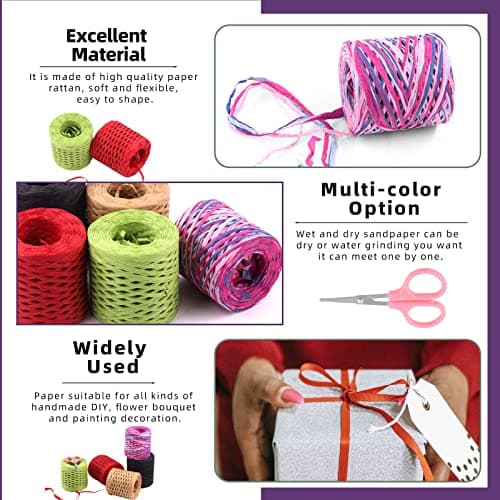 Swpeet 1 rouleau de ruban en raphia rouge rose de 200 m avec kit d'assortiment de ciseaux, ficelle de raphia naturelle pour cadeaux, fournitures de bricolage, bouquets de fleurs