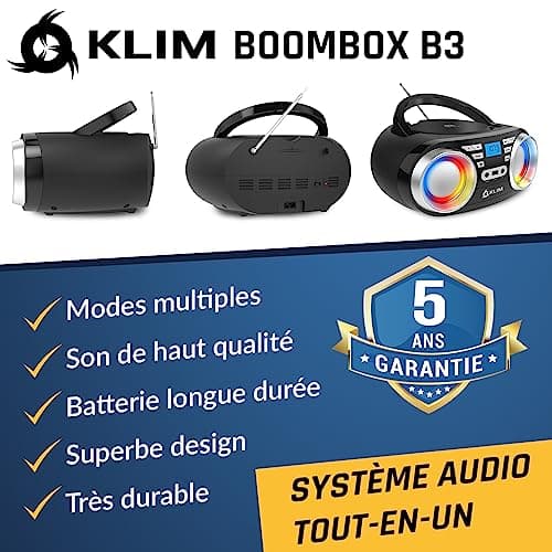 KLIM Boombox B3 - Poste Radio CD Portable - Nouveauté 2024 - Radio FM, CD, Bluetooth, USB, MP3 - CD Boombox - Mode Filaire et sans Fil avec Piles Rechargeables - Lentille Laser - Lecteur CD Portable