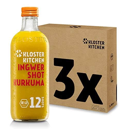 Kloster Kitchen Bio gingembre Shot Curcuma, 12 SHOTS à 3x 360 ml avec morceaux de gingembre, Shots de gingembre au curcuma en bouteille en verre, végétalien (incl. 0,75€ de caution consigne)