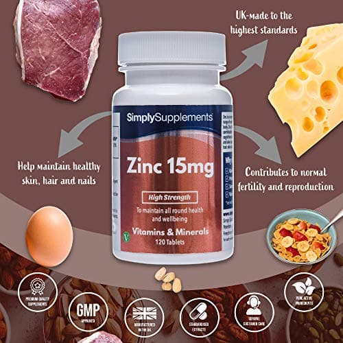 Zinc 15mg - 120 Comprimés - Adapté aux Végétariens – Jusqu’à 4 mois de Bienfaits - SimplySupplements