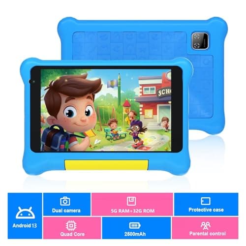 Yicty Tablette Enfants 7 Pouces Andriod 13 Tablette pour Enfants Quad Core 5 Go RAM 32 Go ROM 128 Go Extension Contrôle Parental Tablette Éducative et Divertissante avec étui Antichoc (Bleu)