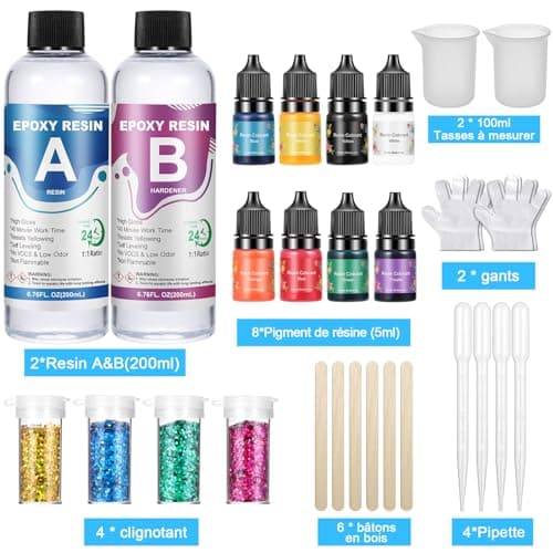 OFCIIN Resine Epoxy Transparente Kit 400ml, Kit Résine Epoxy Avec Colorant, Paillette, 1: 1 Ratio Revêtement en Résine Coulée Cristalline, Pour Bois, Fabrication de Bijoux, Décoration Artisanale