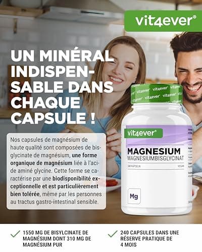 Bisglycinate de magnésium - 240 gélules - Premium : Magnésium chélaté - 155 mg de magnésium élémentaire par gélule - Vegan - Formule à haute dose
