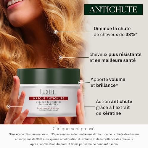 LUXÉOL - Masque Cheveux Antichute - Volume & Brillance - Diminue La Chute De Cheveux - Soin Cheveux Enrichi En Extrait De Kératine - Fabriqué En Europe - 200ml
