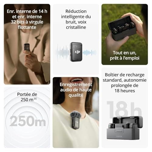 DJI Mic 2 (2 TX + 1 RX + Boîtier de Recharge), Micro sans Fil Tout-en-Un, Réduction Intel. du Bruit, Enregistrement Interne 32 Bits à Virgule Flottante, Portée de 250 m