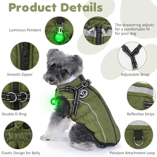 HezzLuv Manteaux d'hiver pour Chiens, Manteau Chien Imperméable, Manteau Chien avec Harnais, Bandes Réfléchissantes, Collier à LED, Vestes d'hiver pour Petits et Moyens Chiens (Vert, Taille XL)
