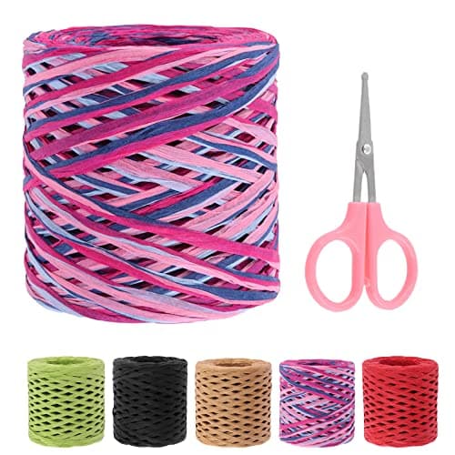 Swpeet 1 rouleau de ruban en raphia rouge rose de 200 m avec kit d'assortiment de ciseaux, ficelle de raphia naturelle pour cadeaux, fournitures de bricolage, bouquets de fleurs
