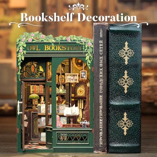CUTEBEE Kit Book Nook - Maison Miniature à Monter soi-même - Maison de poupée - avec Housse de Protection Contre la poussière et lumière LED - Kit de modélisation pour Adultes(Owl Bookstore)