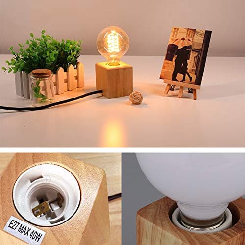 Mengjay Support de Douille E27 en Bois carré Lampe de Table Prise EU Standard Luminaire de Décoration Pour Bureau, Maison, Café, Bar, Restaurant