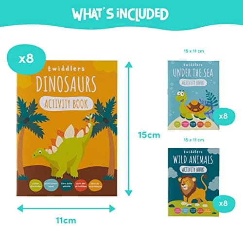 THE TWIDDLERS 24 Mini Livre de Coloriage & d'Activités pour Enfants - Dinosaures, Animaux Sauvages, Animaux sous-Marins - Cadeaux Invités, Pochettes Surprises, Anniversaire, Mariages