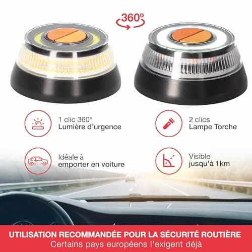 PMK GRUPO - Lumière d'urgence V16 homologuée DGT | Balise signalisation danger pour voiture [Visibilité 1 Km] avec base magnétique et lampe torche