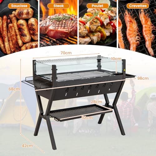 GOPLUS Barbecue à Charbon de Bois avec Verre Coupe-vent, Grille à Griller, BBQ Grill avec Supports d'Assaisonnement et Étagère de Rangement pour Pique-Nique, Jardin, Camping, 98 x 42 x 68 cm