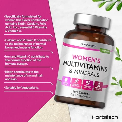 Multivitamines et Minéraux Femme | 180 Comprimés Vegan | pour Système Immunitaire et Soutien énergétique | Complément Alimentaire avec Fer Calcium Biotine et Acide Folique | par Horbaach