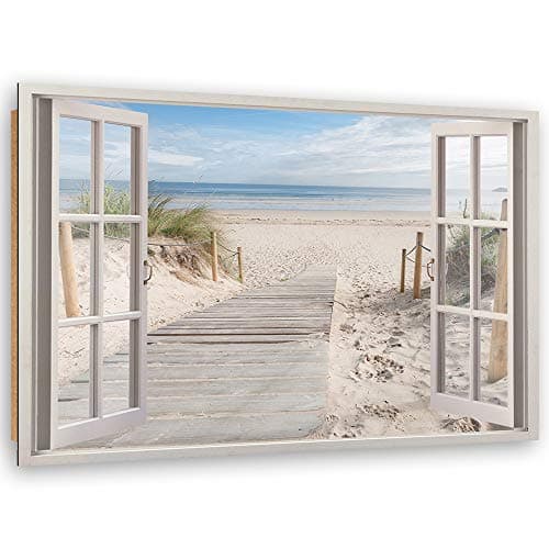 Feeby Impression sur toile Vue de la fenêtre de la plage 3D 120x80 cm 1pièce Tableaux Tableau Image Photo Moderne Décoration Murale Artistique Photographie Design Cuisine Salon Chambre à coucher Beige
