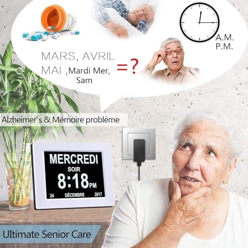 XAYKEN 7" Pouce LCD Horloge Numérique Calendrier avec Date Jour Et Heure Non-Abrégée Auto Dimming 8 Langues HD Display Rappel pour Alzheimer Les Personnes âgées et Les Enfants Noir