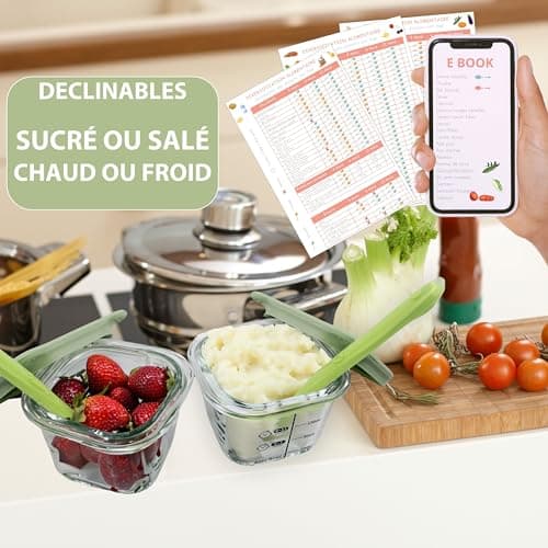 HELLO HIPPO® Lots de 6 Petit Pots en verre Bébé 180ml - Idéaux pour Compotes, Purées et Fruits, Hermétiques et Pratiques avec Graduation, Cuillère Incluse - Parfaits pour les Repas de Bébé