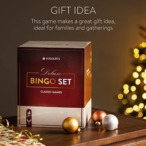Navaris Jeu de Bingo - Jeu de Loto de 2 à 6 Joueurs avec 1 Cage en métal 12 Cartes 300 jetons 90 Boules 1 Plateau à Boules - À partir de 6 Ans