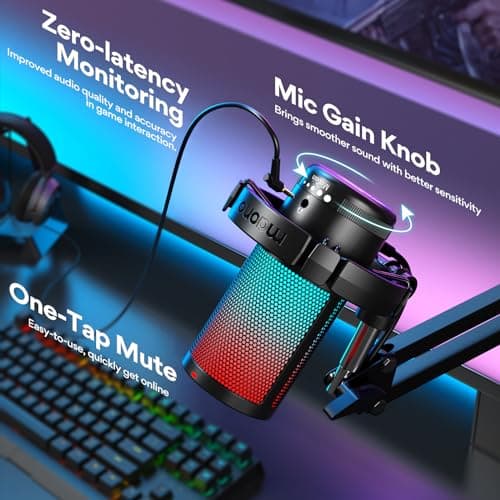 MAONO USB Micro Gaming, RGB Condensateur Microphone avec réduction du Bruit/Muet/Gain/Moniteur/Bras Micro, pour Enregistrement, Streaming, Postcast, Discord, Ordinateur, Compatible avec Mac, PS4&5