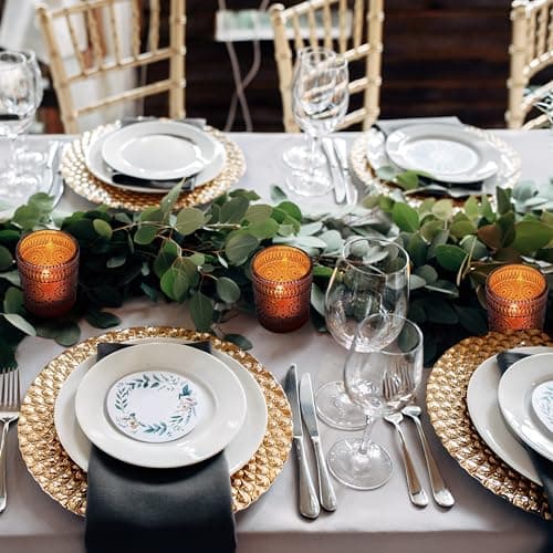 Winter Shore Bougeoir Verre Rond avec Bougies [Lot de 12] - Photophore Verre Ambré avec Design Floral Embossé - Photophore Mariage d'automne, Décoration de Table, Centres de Table Bohème
