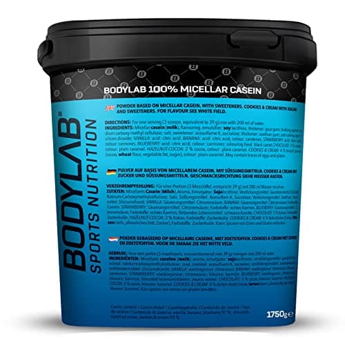 Bodylab24 Casein Micellar Fraise 1750g, 100% caséine pure, riche en acides aminés BCAA, longue sensation de satiété, favorise la construction musculaire, idéal pendant un régime protéiné