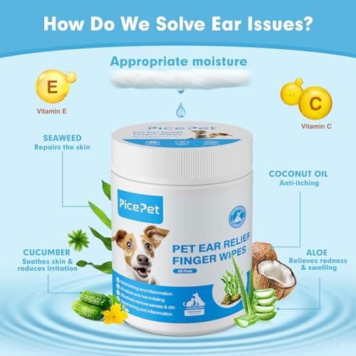 PICE PET Lingettes Nettoyantes pour Les Oreilles aux Algues - Lingettes Douces pour Le Nettoyage du Cérumen et des Débris - Apaise Les Démangeaisons et l'Inflammation - Non Parfumé, 60 Lingettes