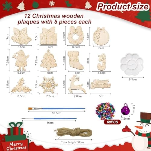 CHEVVY 60pcs.Pendentifs en Bois à Peindre Noël DIY Décoration de Noël en Bois avec 60 Cloches 60 Corde Bois Bricolage Enfants Noël Set Décoration de Noël