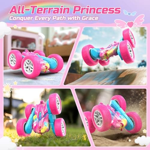 DEERC RC Voiture Telecommandé, 4WD Rose Voiture Telecommandé Enfant Fille, RC Stunt Voiture Jouet 360° Flip Rotatif et Lumière, Jouet Cadeau Fille 3-12 Ans