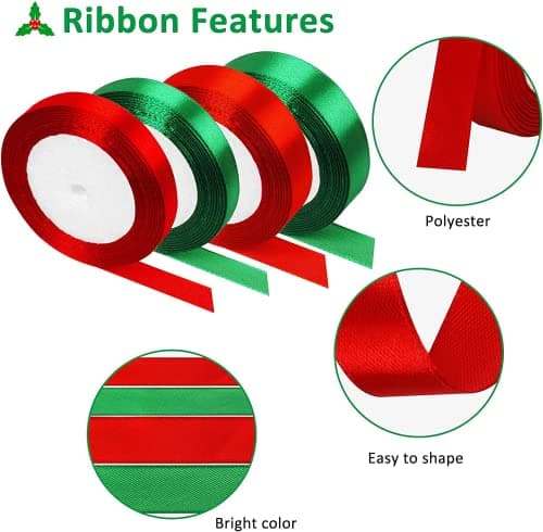 4 Rouleaux Ruban Satin, 88 Mètres Ruban en Satin Double Face, Ruban de Noël, Satin Polyester Ruban pour la Décoration de Mariage, Noël, DIY, Bouquet(Rouge, Vert)