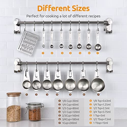Tasses et Cuillères à Mesurer: U-Taste Ensemble de 15 Cuillères Cups Doseuses en Acier Inoxydable 18/8, 7 Tasses & 7 Cuillères & 1 Tableau de Conversion de Mesure Magnétique (Argent)