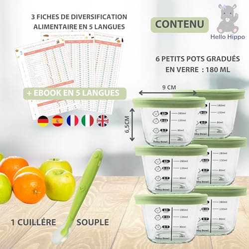 HELLO HIPPO® Lots de 6 Petit Pots en verre Bébé 180ml - Idéaux pour Compotes, Purées et Fruits, Hermétiques et Pratiques avec Graduation, Cuillère Incluse - Parfaits pour les Repas de Bébé