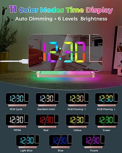SZELAM Réveil à projection, 18,8 cm avec miroir LED, horloge numérique à projection sur mur de plafond, avec veilleuse RVB, port de charge USB C, gradation automatique, horloge de bureau moderne pour