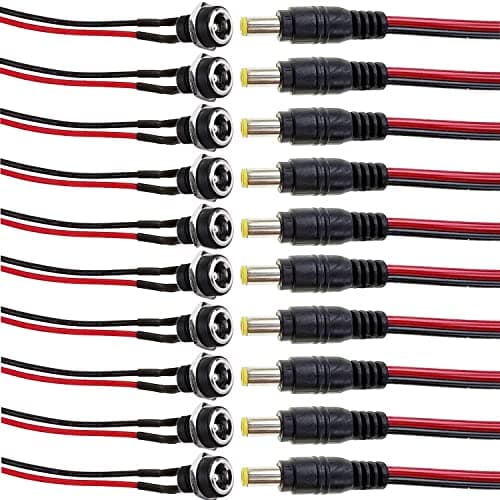 RUNCCI-YUN 10 Paires 5,5mm x 2,1mm DC d'alimentation Connecteur, 12V 2 broches 5,5 X 2,1 mm Connecteur Mâle et Femelle,DC Pigtail Cable pour Vidéo Surveiller CCTV Caméra(22AWG 12V 2A