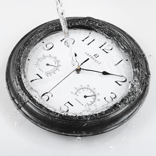 Lafocuse 30cm Horloge Murale Exterieure Etanche avec Thermomètre et Hygromètre, Vintage Noir Pendule Murale Retro, Silencieuse Shabby Chic Deco pour Extérieur, Jardin, Balcon, Salle de Bain, Cuisine