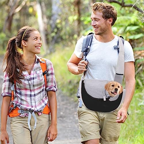 PETCUTE Sac de Transport pour Chien,Sac à Bandoulière pour Chat Chiot Réglable,Sac de Voyage pour Petits Animaux avec Pochette en Filet Respirant,Sac de Transport Chien pour Extérieur Marche,Noir,S