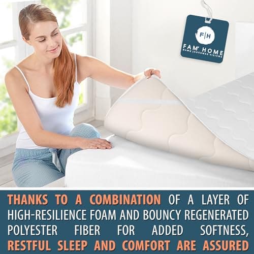 FAM'HOME Premium Protège-Matelas 90x190 cm avec Housse en Microfibre Douce hypoallergénique, sur-Matelas Respirant avec 4 Sangles élastiques aux Coins, hygiénique Blanc avec Surface matelassée